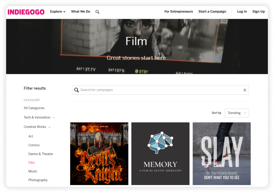 Indiegogo crowdfunding platform for filmmakers