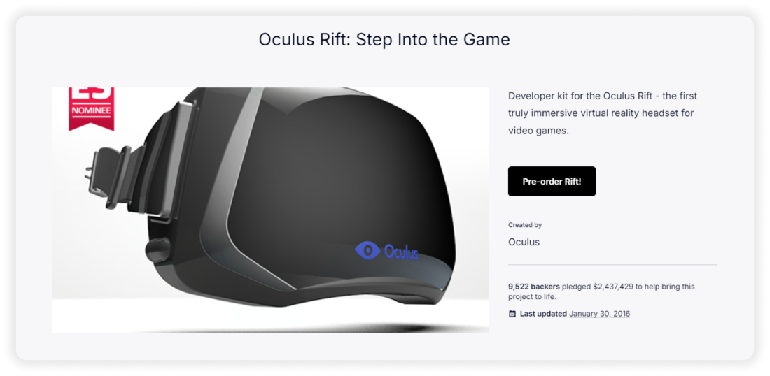 oculus rift sample project on kickstarter