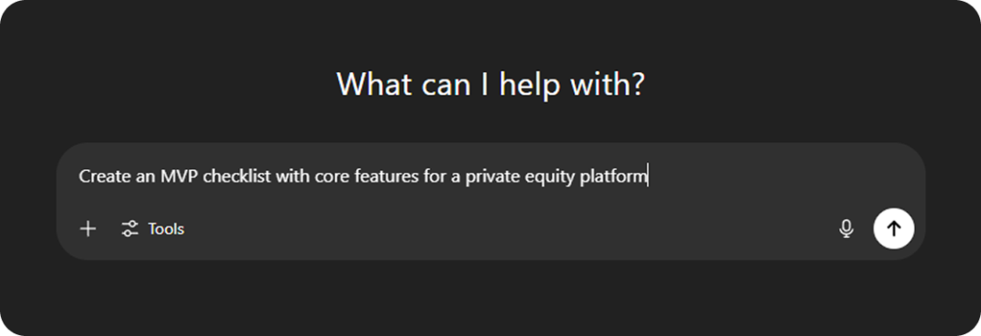 chatGPT request concept - create a private equity investment platform