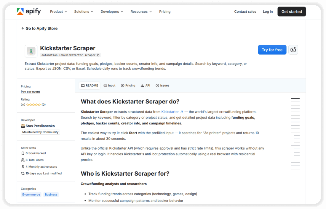 Kickstarter scraper on Apify