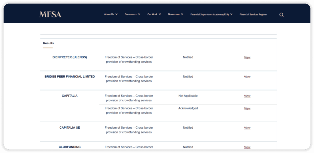 mfsa crowdfunding platform register
